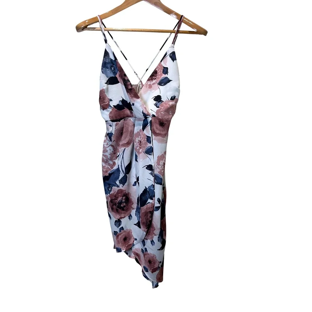 Lush Floral Print Dress Sleeveless Strappy Party Cocktail Wrap Asymmetrical Sz S